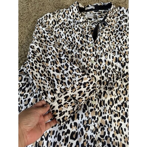 CHICOS Linen Cheetah Animal Print 3/4 Sleeve Button Down Shirt Top Sz 3 16/18 - Picture 6 of 9